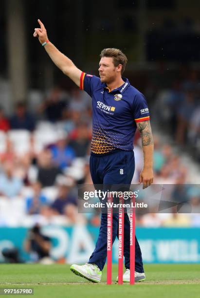 Matt Coles of the Essex Eagles celebrates dismissing Rory Burns of Surrey during the Vitality Blast match between Surrey and Essex Eagles at The Kia...