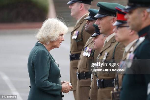 Camilla, Duchess of Cornwall attends a Medal Parade as she visits the New Normandy Barracks on July 12, 2018 in Aldershot, England.