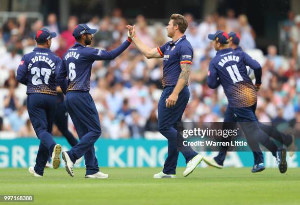 Matt Coles of the Essex Eagles celebrates dismissing Rory Burns of Surrey during the Vitality Blast match between Surrey and Essex Eagles at The Kia...