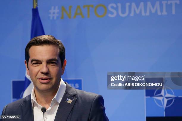 Greek Prime Minister, Alexis Tsipras gives a press conference at the end of the second day of the NATO Summit and a bilateral meeting with Turkish...