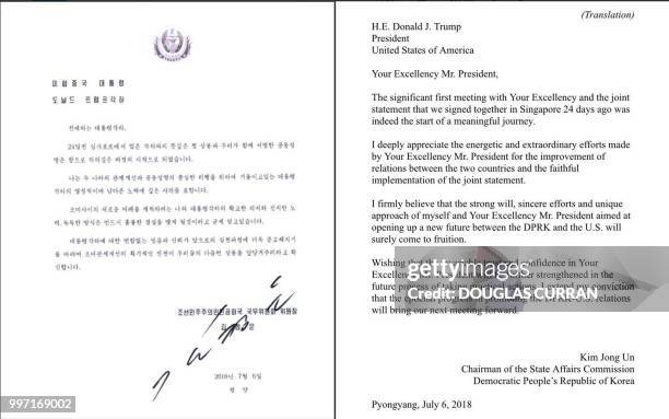 This combination of pictures created July 12, 2018 shows the letter dated July 6, 2018 from North Korea's leader Kim Jong Un to US President Donald...