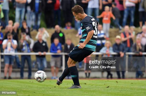 Maximilian Pronichev of Hertha BSC scores the 1:7 during the game between MSV Neuruppin against Hertha BSC at the Volkspar-Stadion on july 12, 2018...