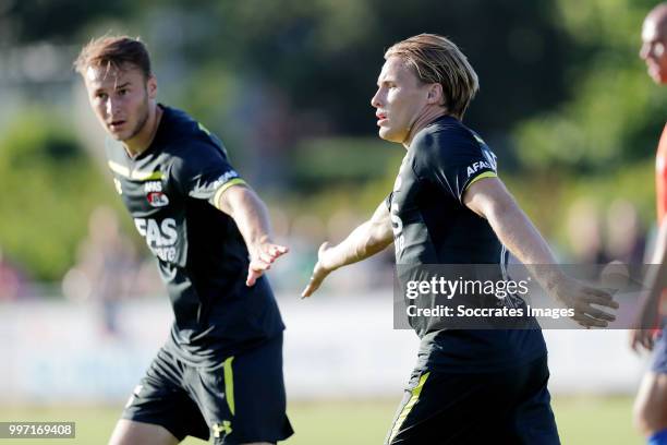 Jonas Svensson of AZ Alkmaar celebrates 0-1 with Teun Koopmeiners of AZ Alkmaar during the Club Friendly match between Zeeuws Elftal v AZ Alkmaar at...