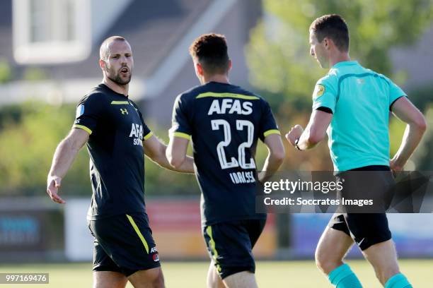 Oussama Idrissi of AZ Alkmaar celebrates 0-3 with Ron Vlaar of AZ Alkmaar during the Club Friendly match between Zeeuws Elftal v AZ Alkmaar at the...