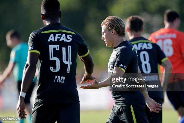 Jonas Svensson of AZ Alkmaar celebrates 0-1 with Fred Friday of AZ Alkmaar during the Club Friendly match between Zeeuws Elftal v AZ Alkmaar at the...