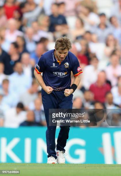 Adam, Zampa of Essex Eagles celebrates catching Aaron Finch of Surrey during the Vitality Blast match between Surrey and Essex Eagles at The Kia Oval...