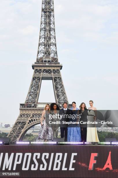 Actresses Alix Benezech, Angela Bassett, Actor and Producer Tom Cruise, Actresses Michelle Monaghan, Rebecca Ferguson and Vanessa Kirby pose in front...