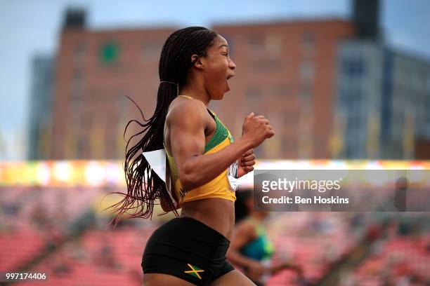 Briana Williams of Jamaica reacts after winning gold in the final of the women's 100m on day three of The IAAF World U20 Championships on July 12,...