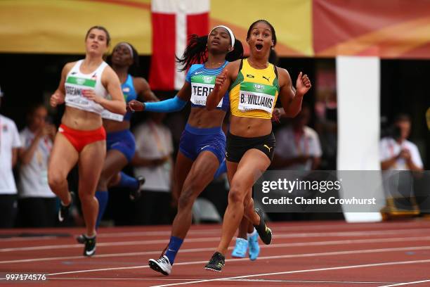 Briana Williams of Jamaica crosses the finish line to win gold in the final of the women's 100m on day three of The IAAF World U20 Championships on...