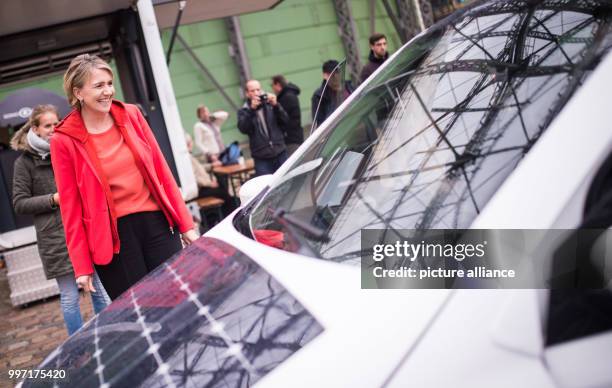 Simone Peter, co-chair of Germany's Green party, arrives for a test drive of the 'Sion' made by Sono Motors, in Berlin, Germany, 11 October 2017. The...