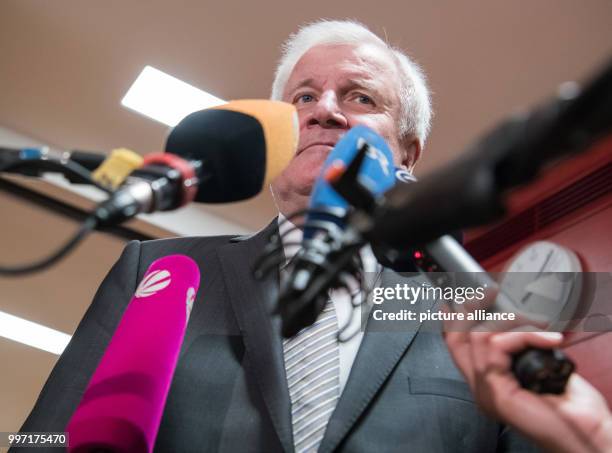 Leader and premier of Bavaria Horst Seehofer speaking to journalists before the start of the CSU parliamentary group meeting in the Bavarian Landtag...