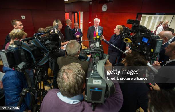 Leader and premier of Bavaria Horst Seehofer speaking to journalists before the start of the CSU parliamentary group meeting in the Bavarian Landtag...