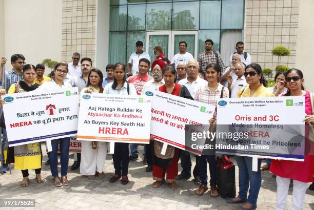 Greenpolis buyers shout slogans during protest in front of Haryana Real Estate Regulatory Authority office, at Court Road, on July 12, 2018 in...