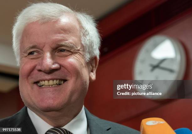 Leader and premier of Bavaria Horst Seehofer speaking to journalists before the start of the CSU parliamentary group meeting in the Bavarian Landtag...