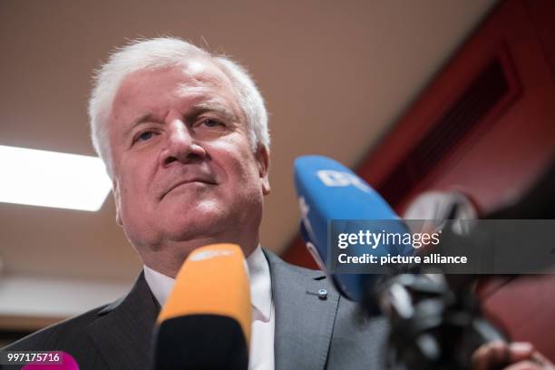 Leader and premier of Bavaria Horst Seehofer speaking to journalists before the start of the CSU parliamentary group meeting in the Bavarian Landtag...