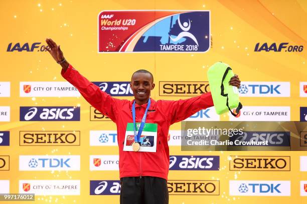 George Meitamei Manangoi of Kenya celebrates with his gold medal during the medel ceremony for the men's 1500m on day three of The IAAF World U20...