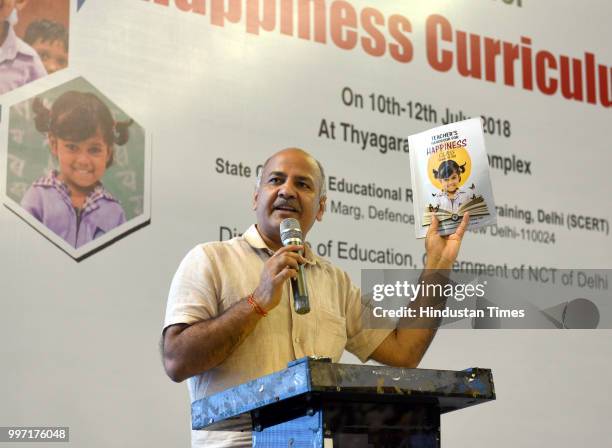 Deputy chief minister Manish Sisodia addresses Delhi government school teachers during an orientation program on Happiness curriculum, at Thyagraj...