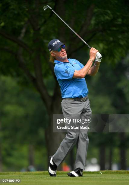 Miguel Angel Jiménez plays a tee shot on the eighth hole during the first round of the PGA TOUR Champions Constellation SENIOR PLAYERS Championship...