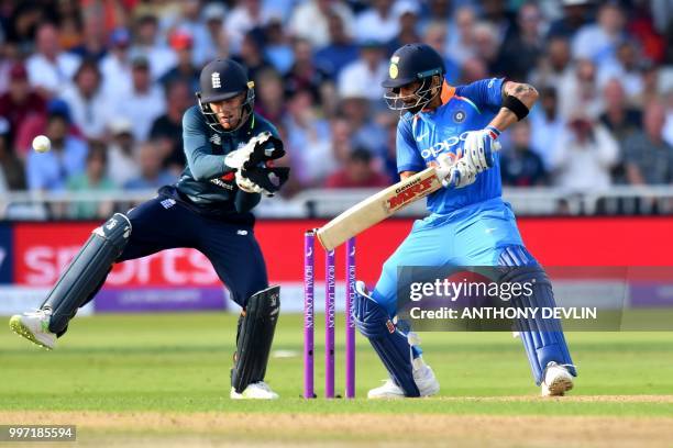 India's Virat Kohli bats during the One Day International cricket match between England and India at Trent Bridge in Nottingham central England on...