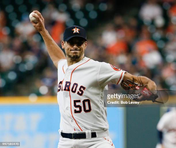 Charlie Morton of the Houston Astros pitches in the first inning against the Oakland Athletics at Minute Maid Park on July 12, 2018 in Houston, Texas.
