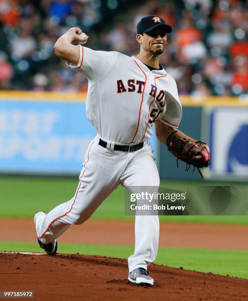 Charlie Morton of the Houston Astros pitches in the first inning against the Oakland Athletics at Minute Maid Park on July 12, 2018 in Houston, Texas.