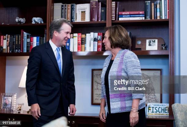 Supreme Court nominee Brett Kavanaugh meets with Sen. Deb Fischer, R-Neb., in her office in the Russell Senate Office Building on Thursday, July 12,...