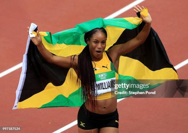 Briana Williams of Jamaica celebrates after winning gold in the final of the women's 100m on day three of The IAAF World U20 Championships on July...