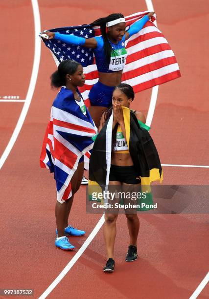 Briana Williams of Jamaica celebrates after winning gold in the final of the women's 100m on day three of The IAAF World U20 Championships on July...