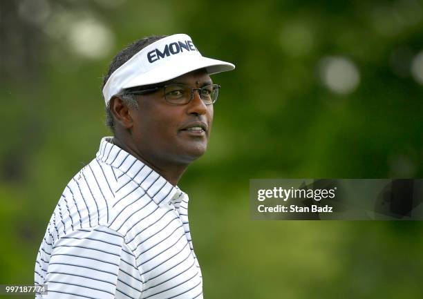 Vijay Singh smiles back at fans on the third hole during the first round of the PGA TOUR Champions Constellation SENIOR PLAYERS Championship at...