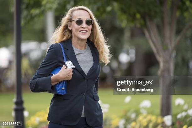 Jerry Hall, wife of Twenty-First Century Fox Inc. Co-Chairman Rupert Murdoch, arrives for a morning session during the Allen & Co. Media and...