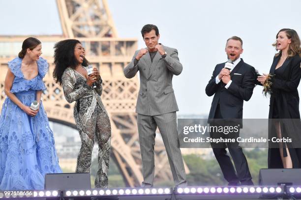 Actors Michelle Monaghan, Angela Bassett, Henry Cavill, Simon Pegg and Rebecca Ferguson attend the 'Mission: Impossible - Fallout' Global Premiere in...