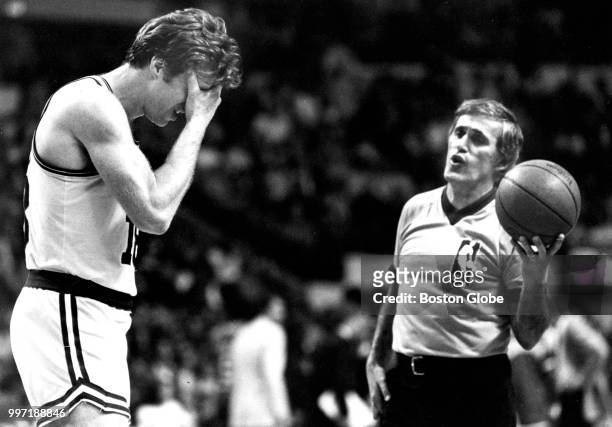 Boston Celtics' Dave Cowens reacts to receiving a technical foul call from referee Earl Strom during Game Five of the second round of the 1980 NBA...