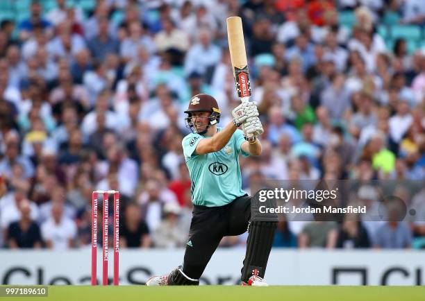 Rikki Clarke of Surrey bats during the Vitality Blast match between Surrey and Essex Eagles at The Kia Oval on July 12, 2018 in London, England.