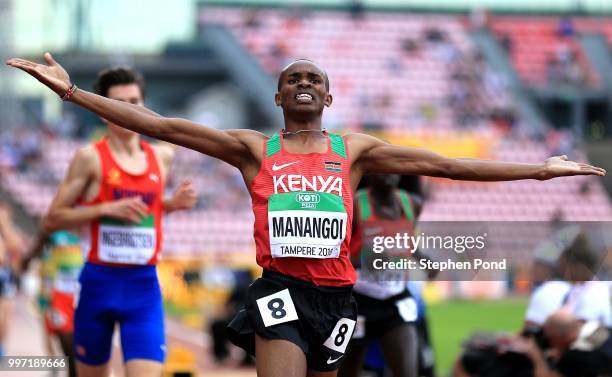 George Meitamei Manangoi of Kenya celebrates as he crosses the line to win gold in the final of the men's 1500m on day three of The IAAF World U20...