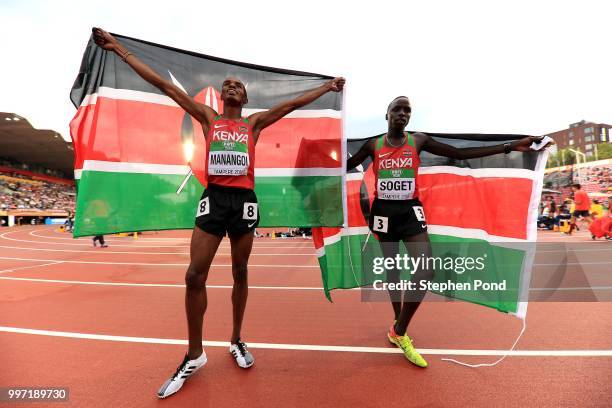 George Meitamei Manangoi and Justus Soget of Kenya celebrate after winning medals in the final of the men's 1500m on day three of The IAAF World U20...