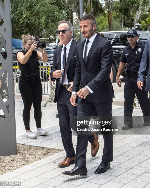 David Beckham arrives to appear before the Miami City Commission at Miami City Hall on July 12, 2018 in Miami, Florida.