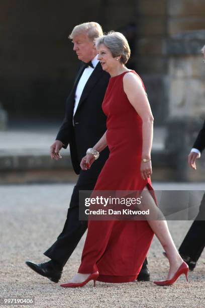 Britain's Prime Minister Theresa May greets U.S. President Donald Trump at Blenheim Palace on July 12, 2018 in Woodstock, England. Blenheim Palace is...