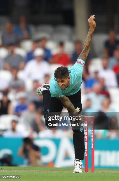 Jade Dernbach of Surrey bowls during the Vitality Blast match between Surrey and Essex Eagles at The Kia Oval on July 12, 2018 in London, England.