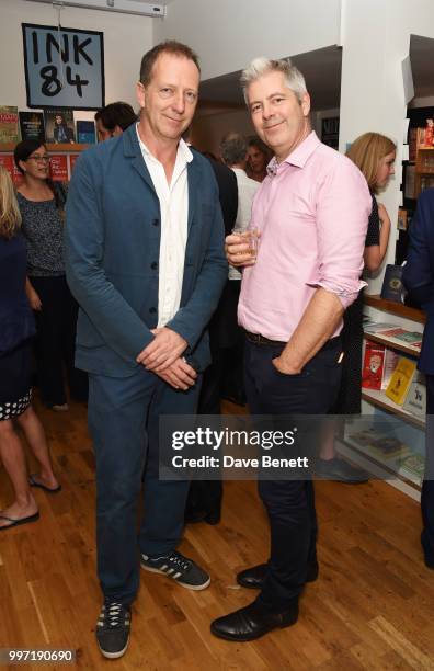 Tom Baldwin and Justin Webb attend the launch of new book "Ctrl Alt Delete" by Tom Baldwin at Ink 84 on July 12, 2018 in London, England.