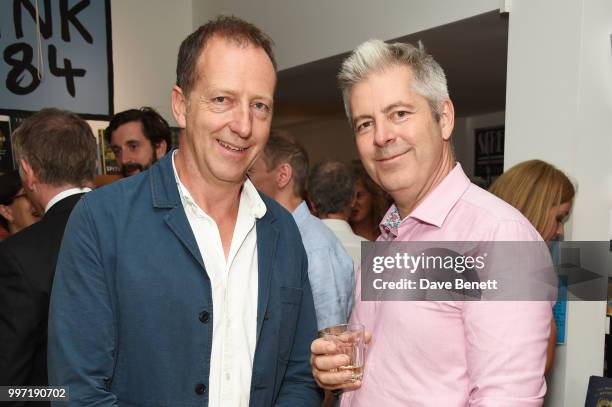 Tom Baldwin and Justin Webb attend the launch of new book "Ctrl Alt Delete" by Tom Baldwin at Ink 84 on July 12, 2018 in London, England.