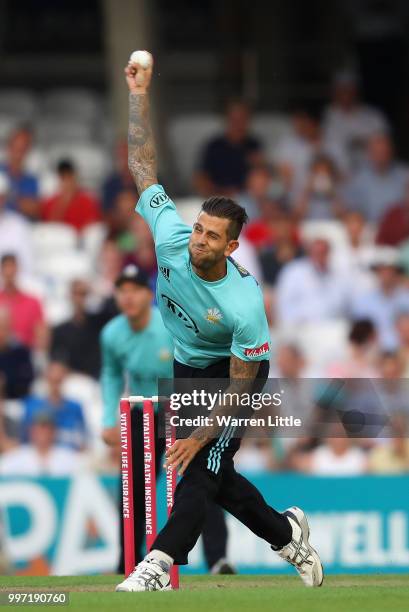 Jade Dernbach of Surrey bowls during the Vitality Blast match between Surrey and Essex Eagles at The Kia Oval on July 12, 2018 in London, England.