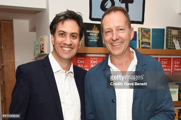 Ed Miliband and Tom Baldwin attend the launch of new book "Ctrl Alt Delete" by Tom Baldwin at Ink 84 on July 12, 2018 in London, England.