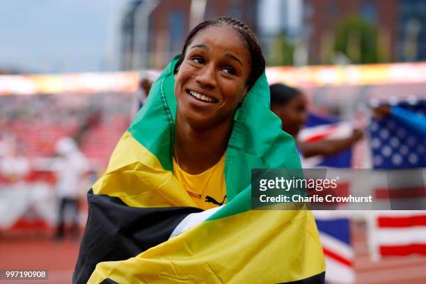 Briana Williams of Jamaica celebrates after winning gold in the final of the women's 100m on day three of The IAAF World U20 Championships on July...