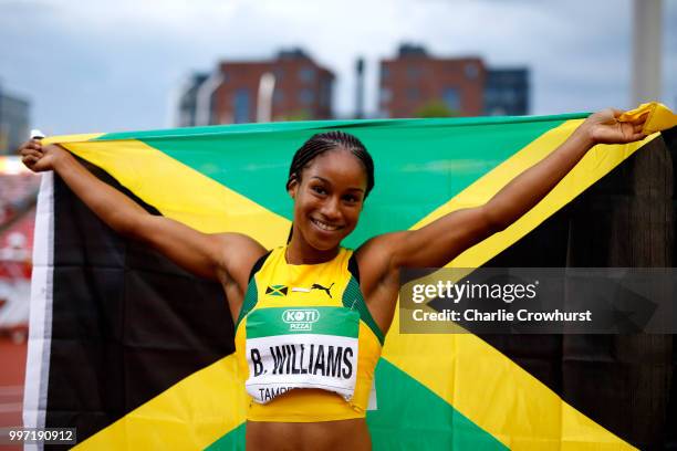 Briana Williams of Jamaica celebrates after winning gold in the final of the women's 100m on day three of The IAAF World U20 Championships on July...