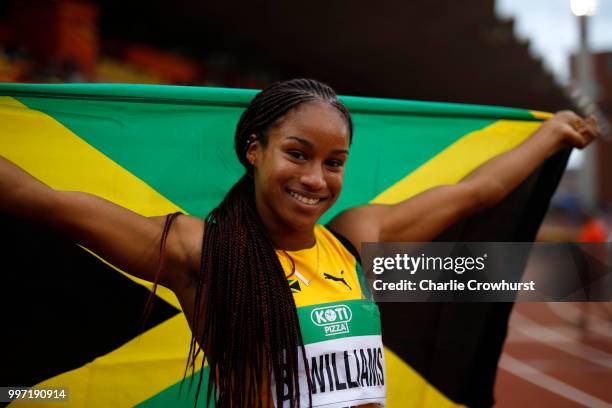 Briana Williams of Jamaica celebrates after winning gold in the final of the women's 100m on day three of The IAAF World U20 Championships on July...