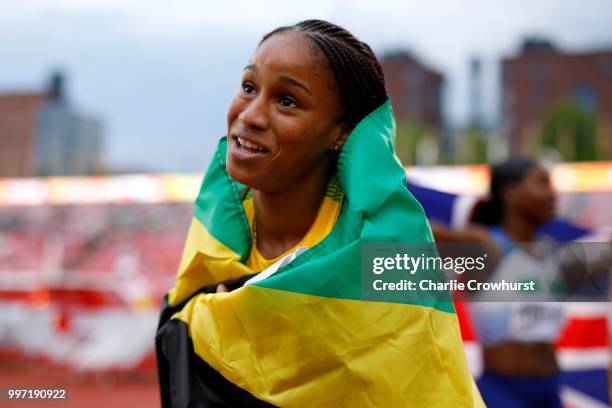 Briana Williams of Jamaica celebrates after winning gold in the final of the women's 100m on day three of The IAAF World U20 Championships on July...