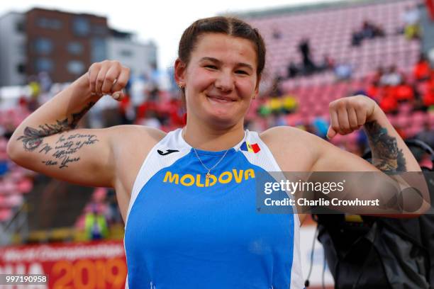 Alexandra Emilianov of Moldova celebrates winning gold in the final of the women's discus on day three of The IAAF World U20 Championships on July...