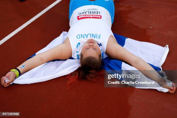 Helena Leveelahti of Finland celebrates winning silver in the final of the women's discus on day three of The IAAF World U20 Championships on July...