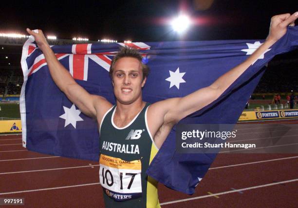 Matt Shirvington of Australia celebrates after the Mens 100 Metres completed in 10.30 seconds during the athletics at the ANZ Stadium during the...