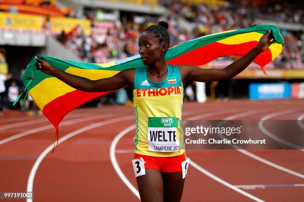 Diribe Welteji of Ethiopia celebrates winning gold in the final of the women's 800m on day three of The IAAF World U20 Championships on July 12, 2018...